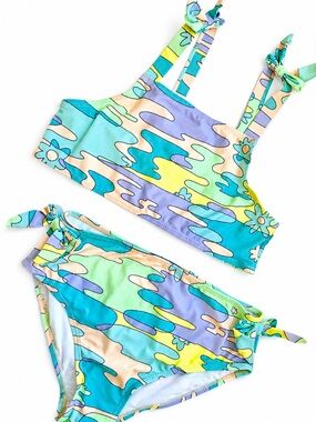 Cotton On Girls' Swim Bikini Size 13-14 Teal Yellow Retro floral full coverage